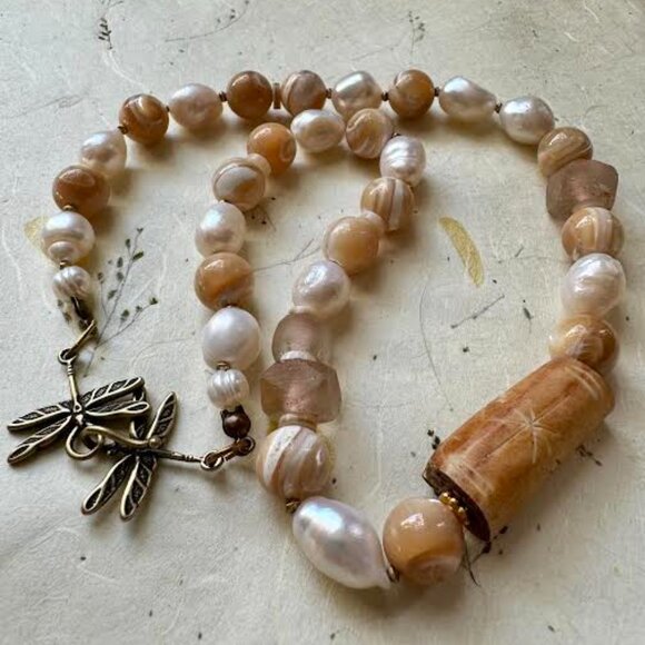 Statement  Necklace: Handmade :Pearls, Snail Shell beads, Sea glass - Picture 5 of 6